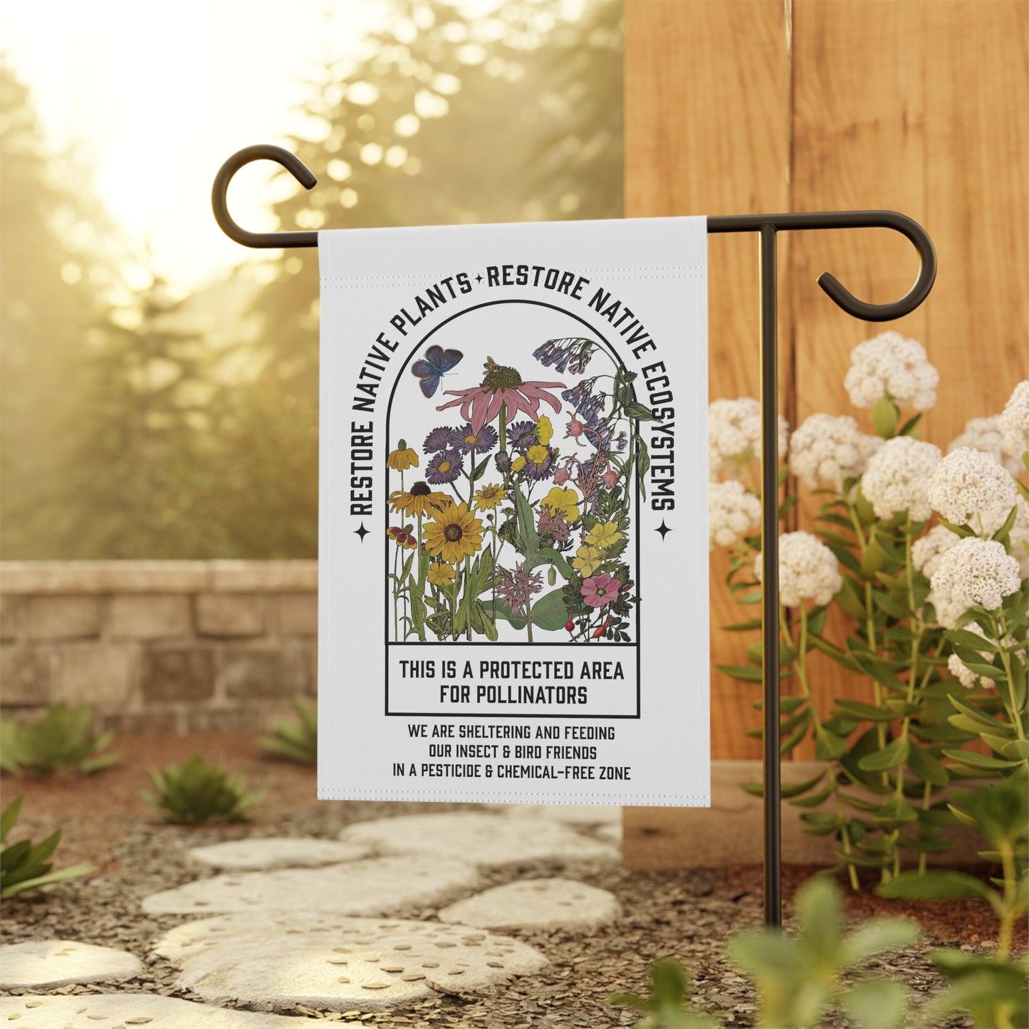 Restore Native Plants Garden & House Banner, gardener gift, conservation, healthy yard message to protect our pollinators!