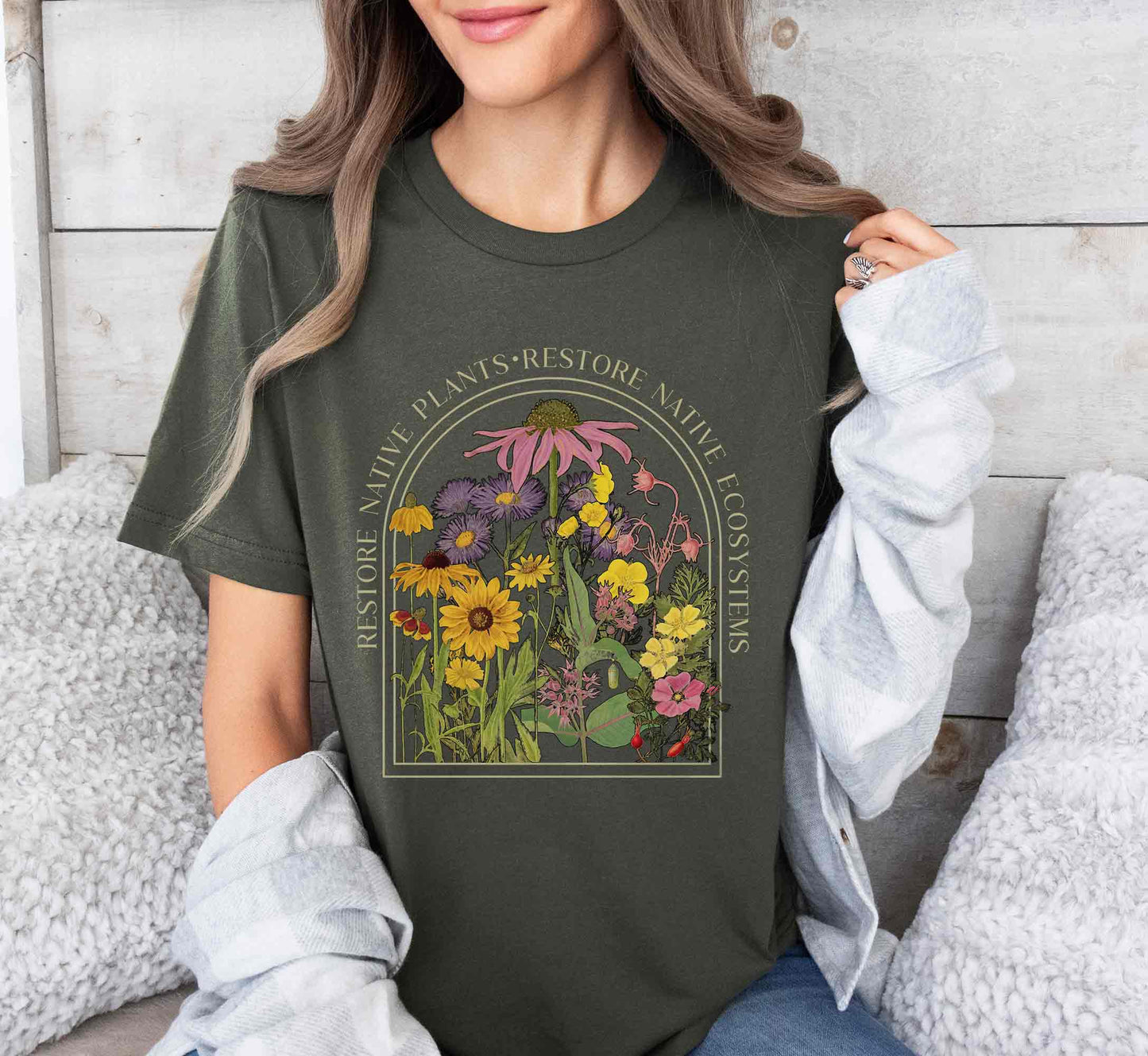 Save Native Plants Tee, Conservation, ecology, Nature Lover, Naturalist, Environment, Gardener gift, Monarch chrysalis, gift for Mom