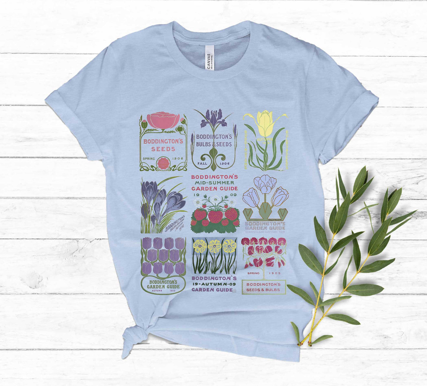 Vintage Garden Art Seed Packet tshirt, Art Nouveau, Retro, Nature lovers, Botanical Gardener's Gift with Iris, Sweet Peas, Poppies & Tulips