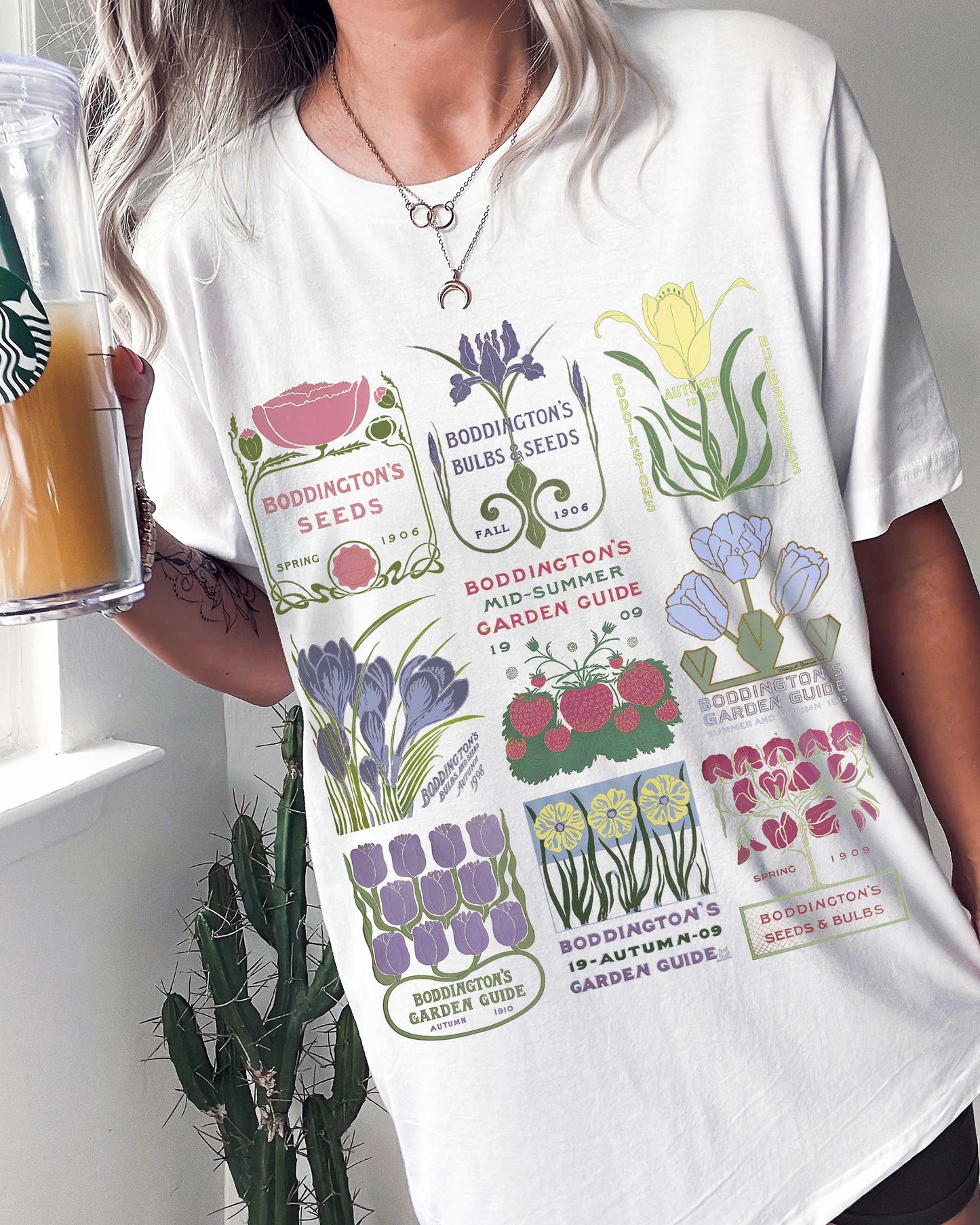 Vintage Garden Art Seed Packet tshirt, Art Nouveau, Retro, Nature lovers, Botanical Gardener's Gift with Iris, Sweet Peas, Poppies & Tulips