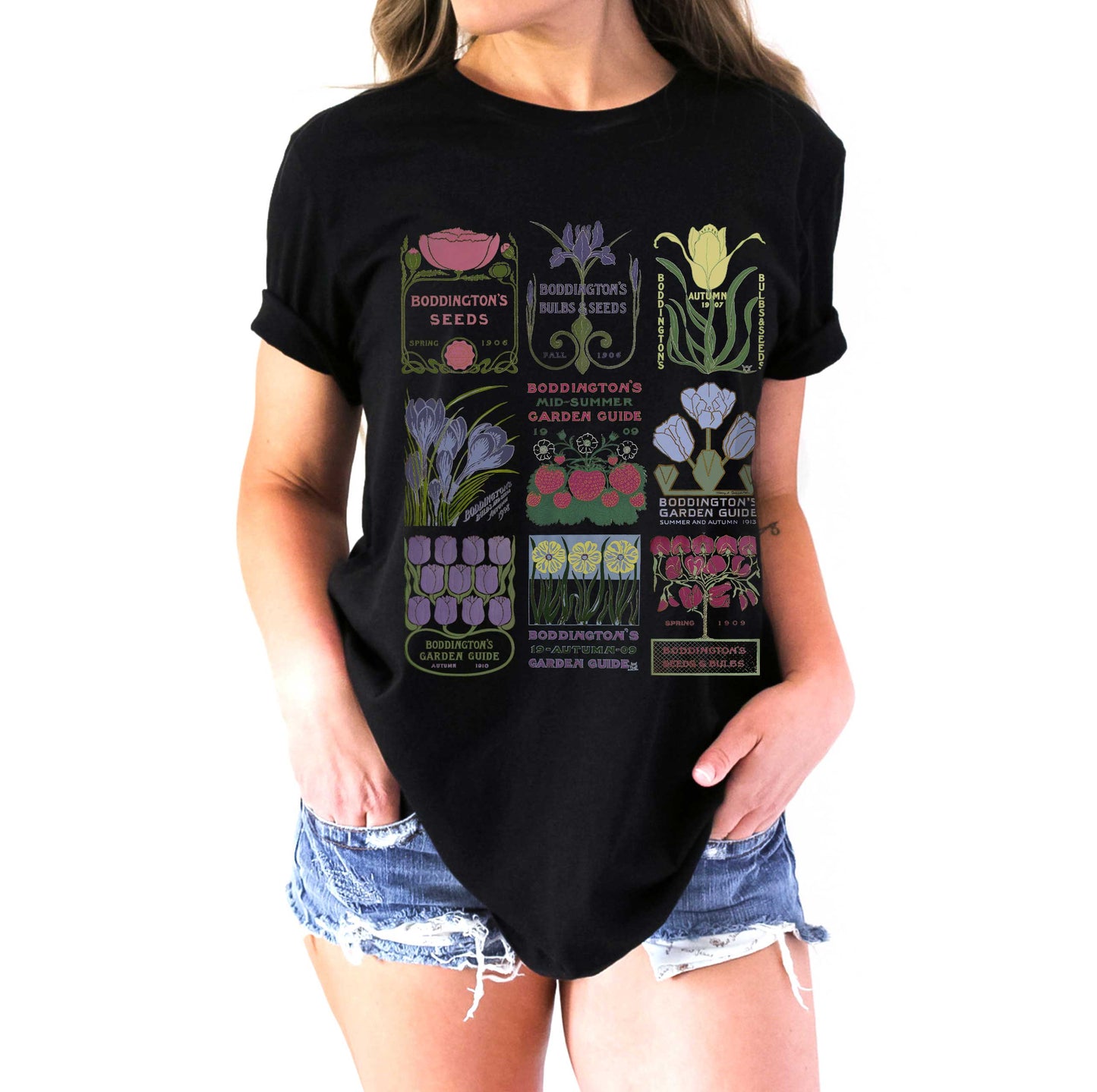 Vintage Garden Art Seed Packet tshirt, Art Nouveau, Retro, Nature lovers, Botanical Gardener's Gift with Iris, Sweet Peas, Poppies & Tulips