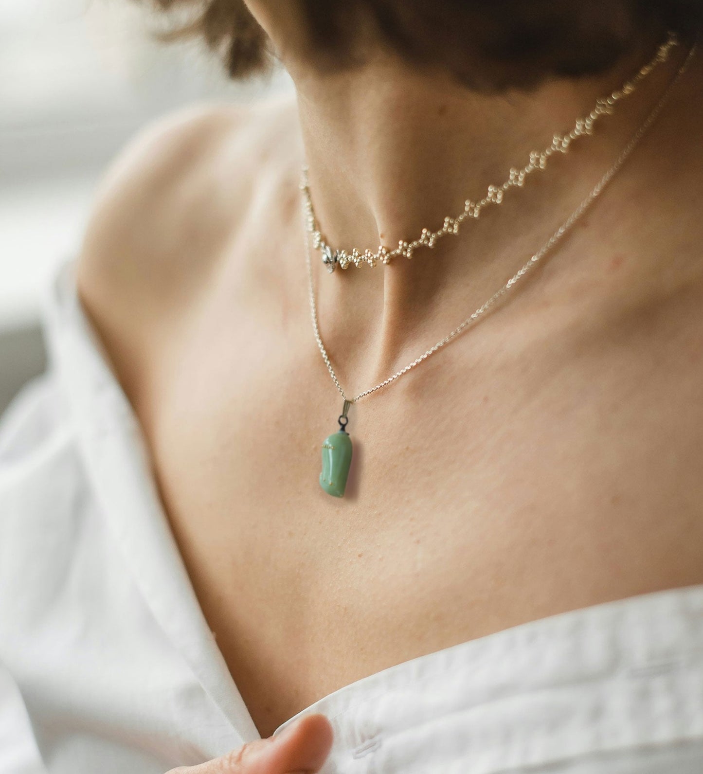 Jade-colored Monarch chrysalis replica, art glass and 24k gold