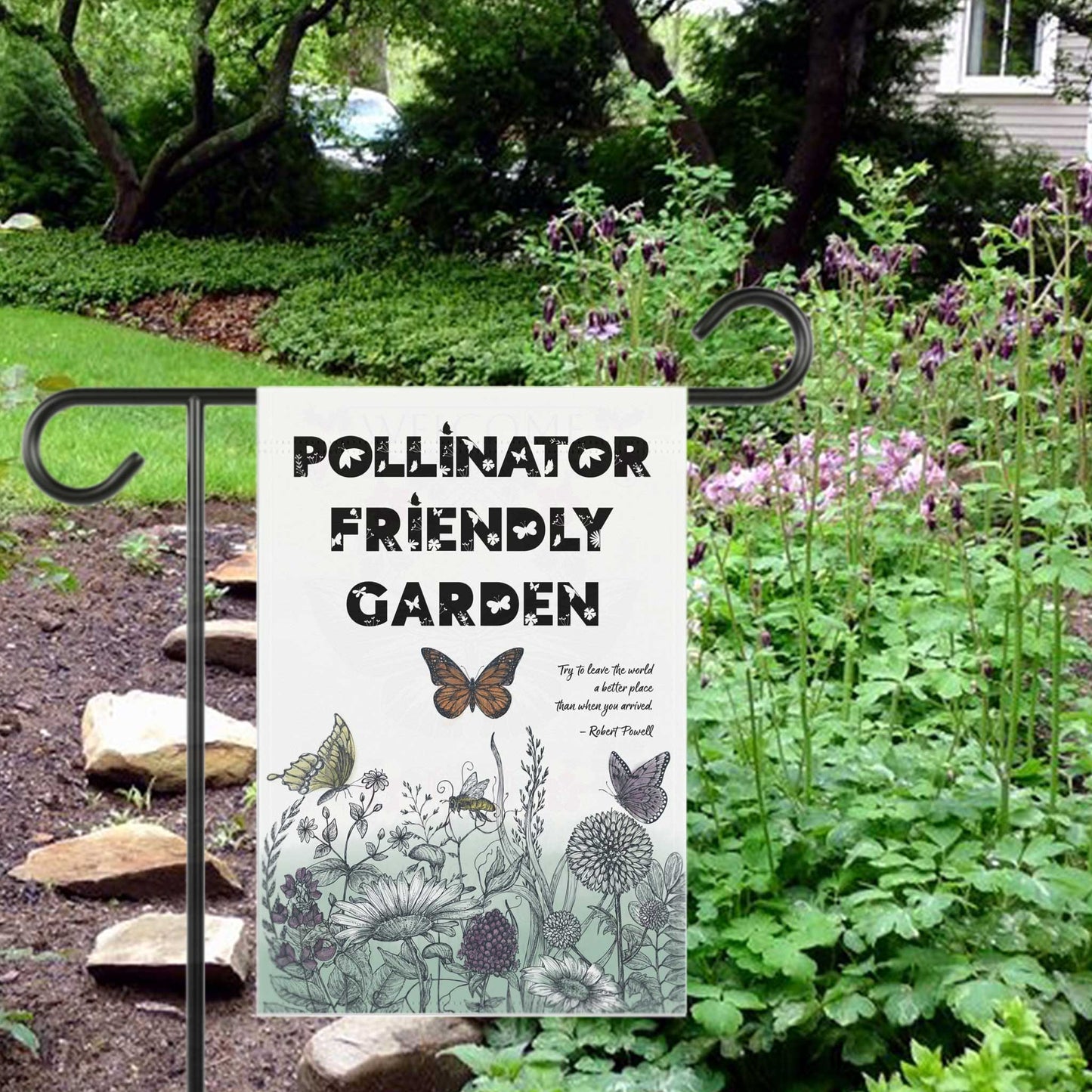 Pollinator Friendly Garden Flag & House Banner, Save the Bees, Spread a Positive Eco Message to Encourage More Native Yard Plantings!