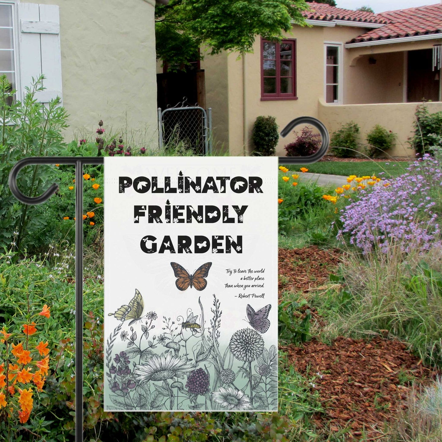 Pollinator Friendly Garden Flag & House Banner, Save the Bees, Spread a Positive Eco Message to Encourage More Native Yard Plantings!
