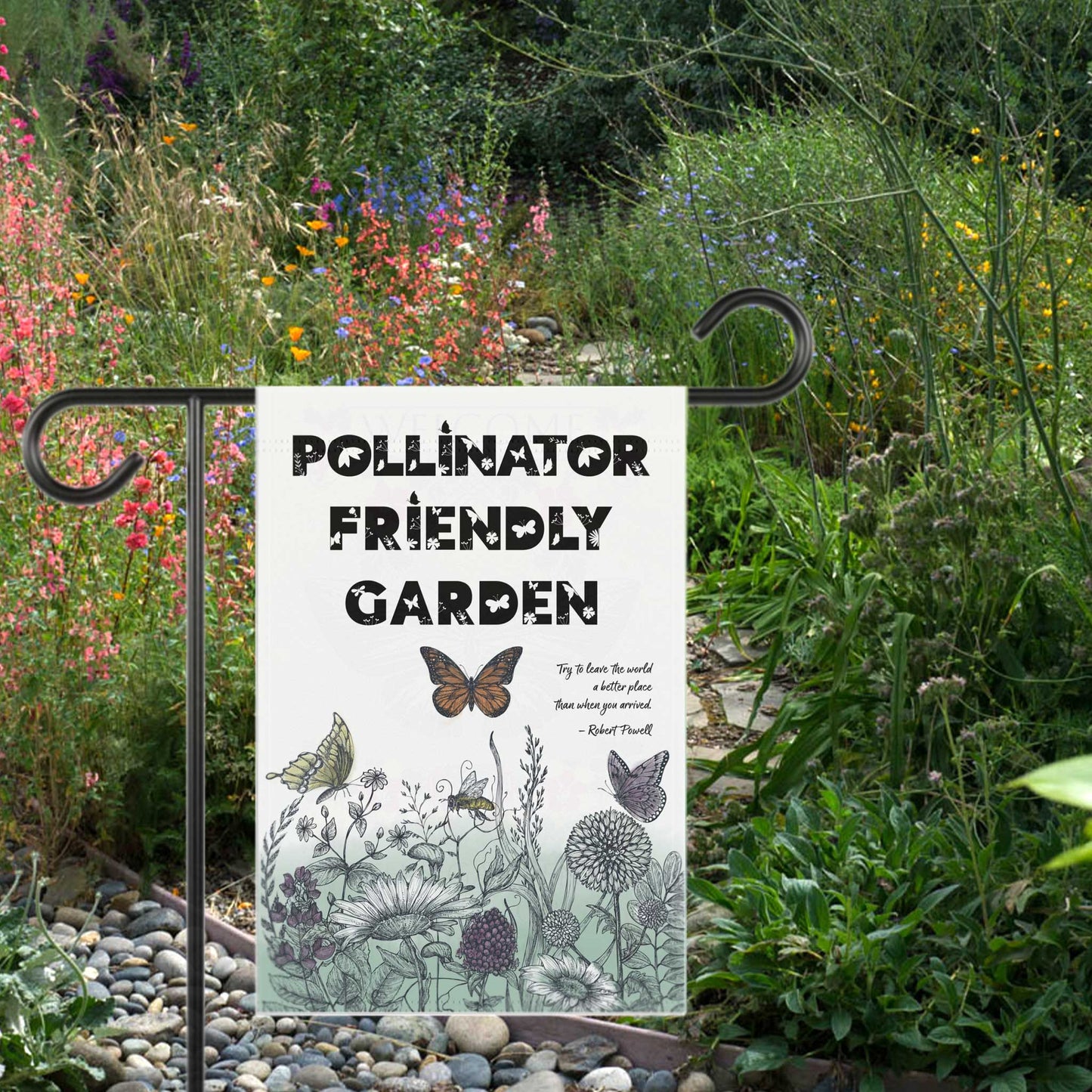 Pollinator Friendly Garden Flag & House Banner, Save the Bees, Spread a Positive Eco Message to Encourage More Native Yard Plantings!