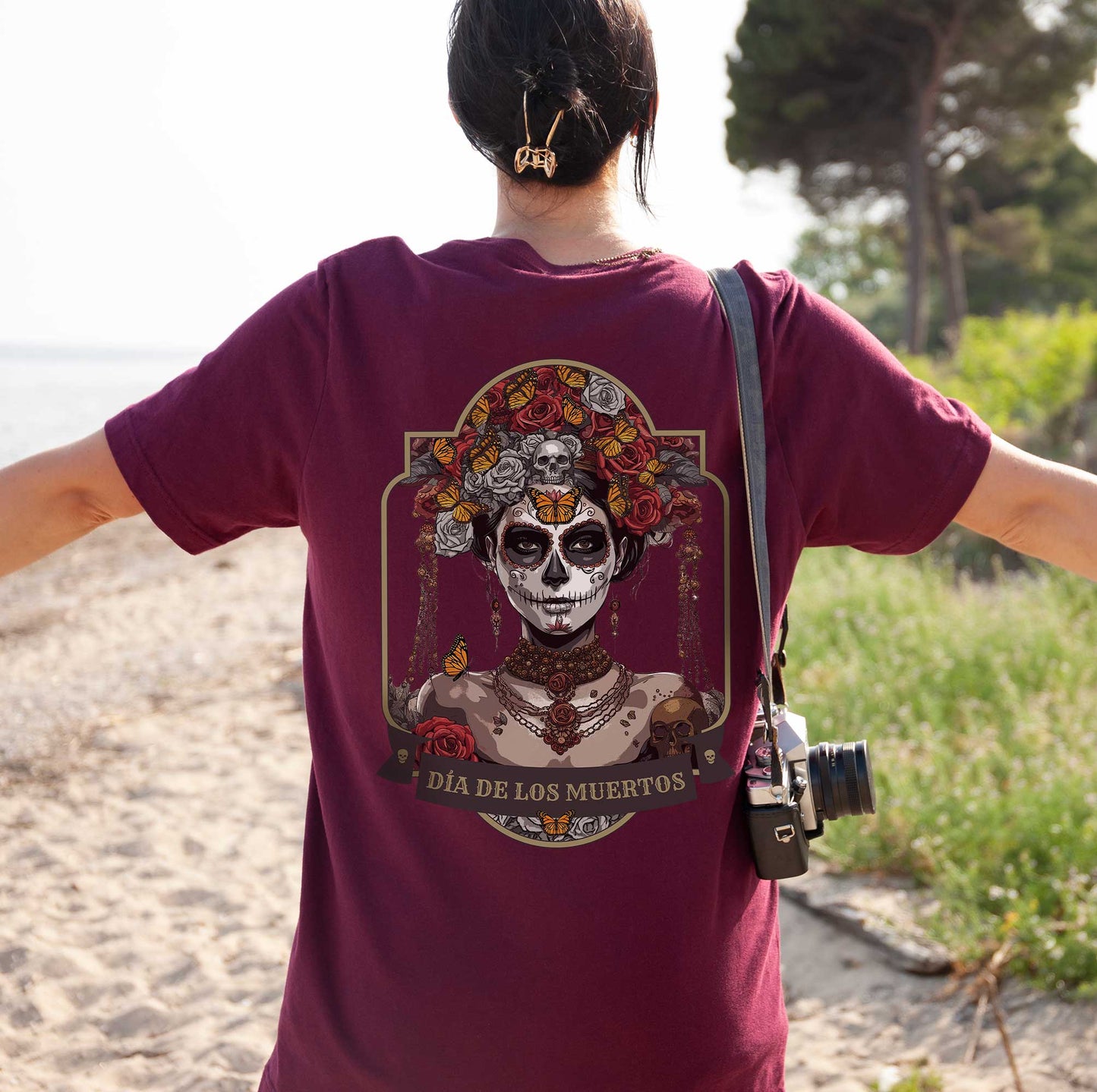 Day of the Dead Unisex Short Sleeve Tee, The Return of Mexico's Monarch Messengers. Halloween Sugar Skull, Grunge, Streetstyle t-shirt