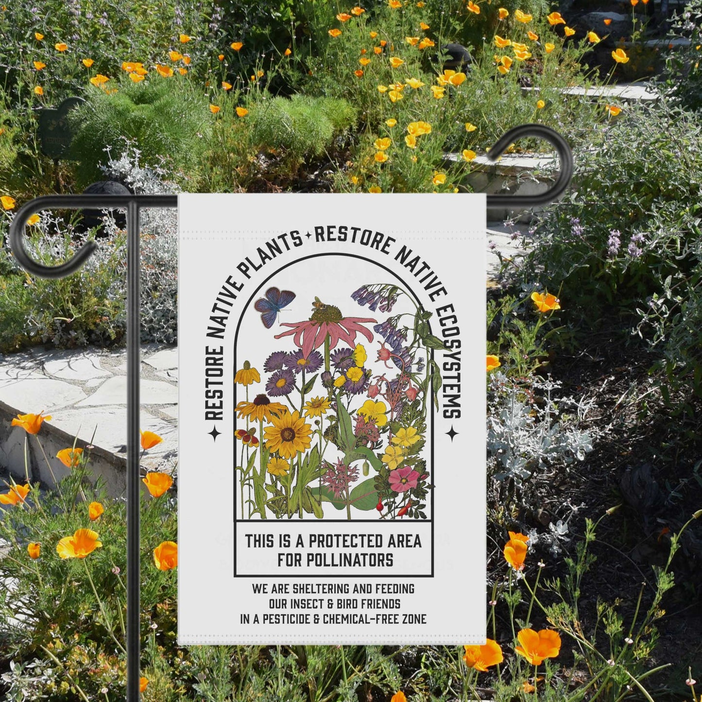 Restore Native Plants Garden & House Banner, gardener gift, conservation, healthy yard message to protect our pollinators!