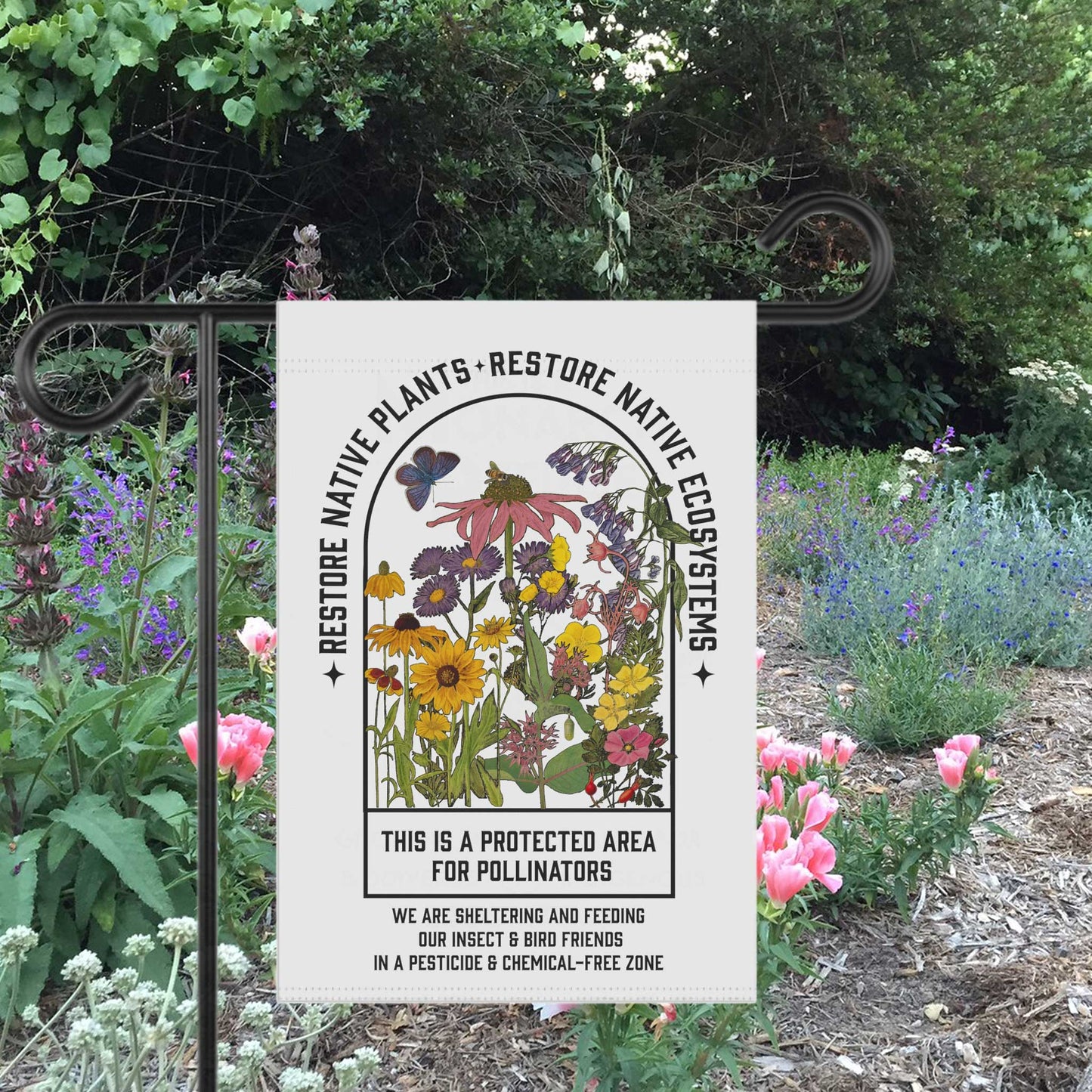 Restore Native Plants Garden & House Banner, gardener gift, conservation, healthy yard message to protect our pollinators!