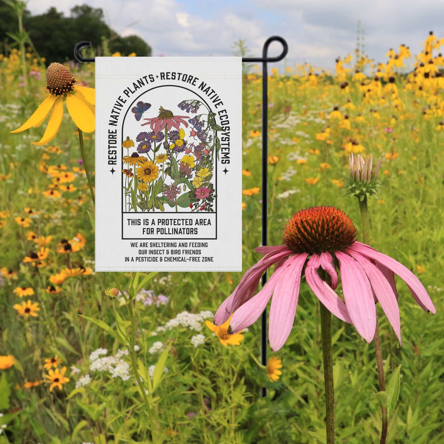 Restore Native Plants Garden & House Banner, gardener gift, conservation, healthy yard message to protect our pollinators!