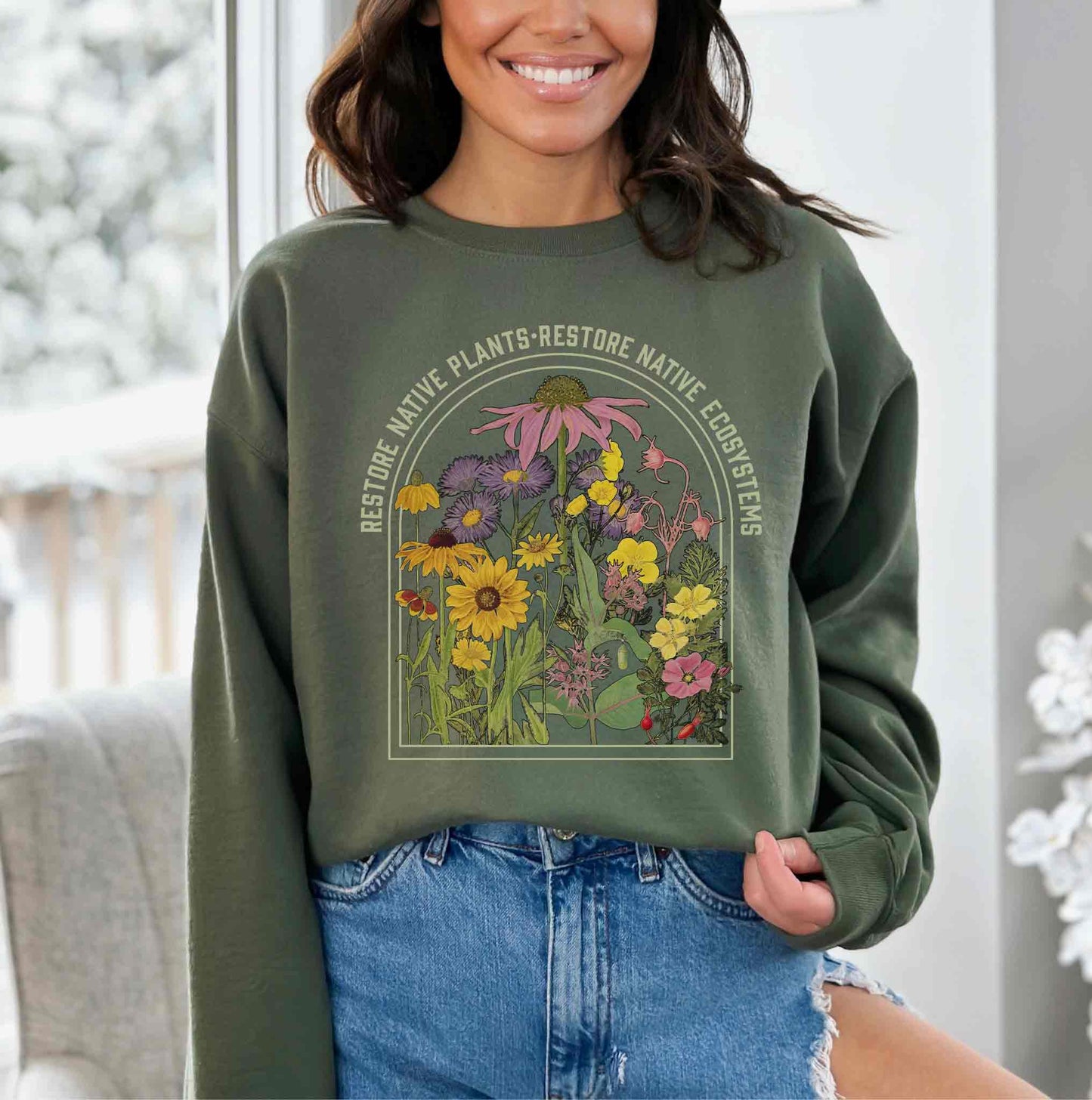 Restore Native Plants Unisex Sweatshirt for Conservation, Ecology, Environment. For Nature Lovers, Naturalists, Gardeners. Accurate botanicals!
