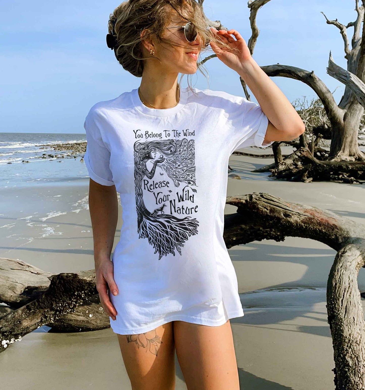 Tree Spirit & Fox Linocut Style TShirt, Folk Art Nouveau, Green Witch Unisex Tee, Gift for all Women who are a Fierce Force of Nature