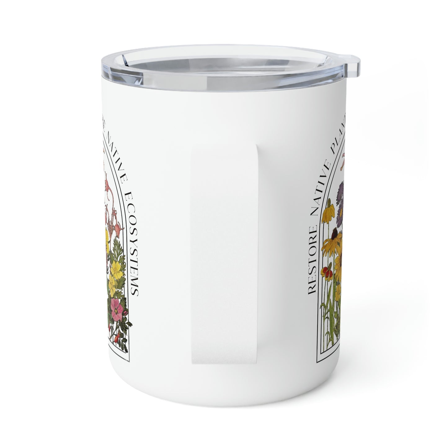 Save Native Plants Insulated Coffee Mug, Conservation, Nature Lover, Naturalist, Environment, Gardener gift, Monarch chrysalis, gift for Mom
