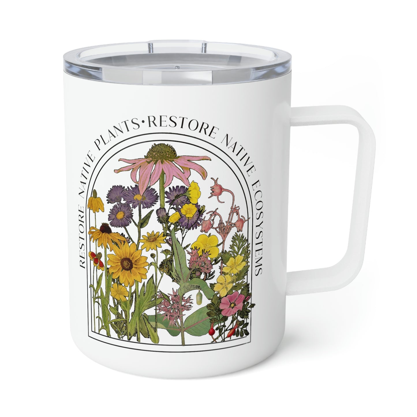 Save Native Plants Insulated Coffee Mug, Conservation, Nature Lover, Naturalist, Environment, Gardener gift, Monarch chrysalis, gift for Mom