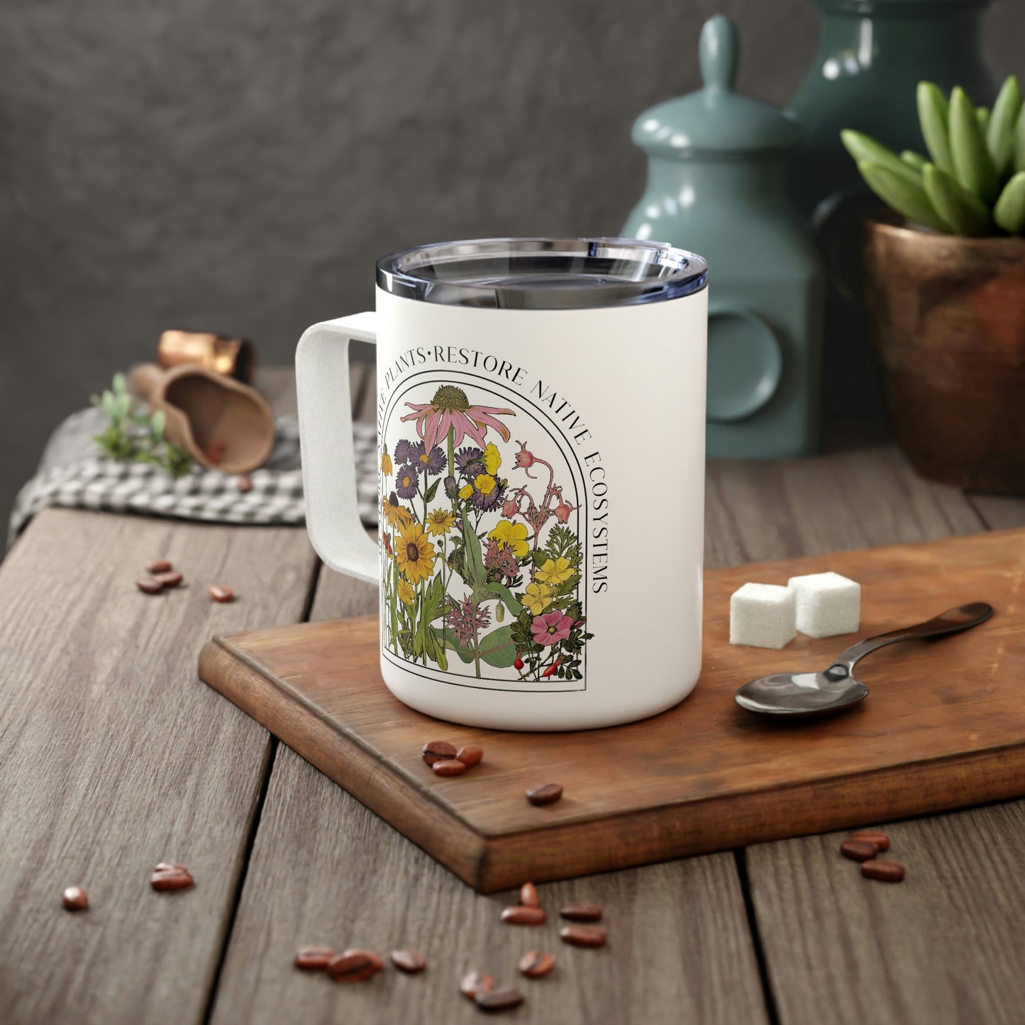 Save Native Plants Insulated Coffee Mug, Conservation, Nature Lover, Naturalist, Environment, Gardener gift, Monarch chrysalis, gift for Mom