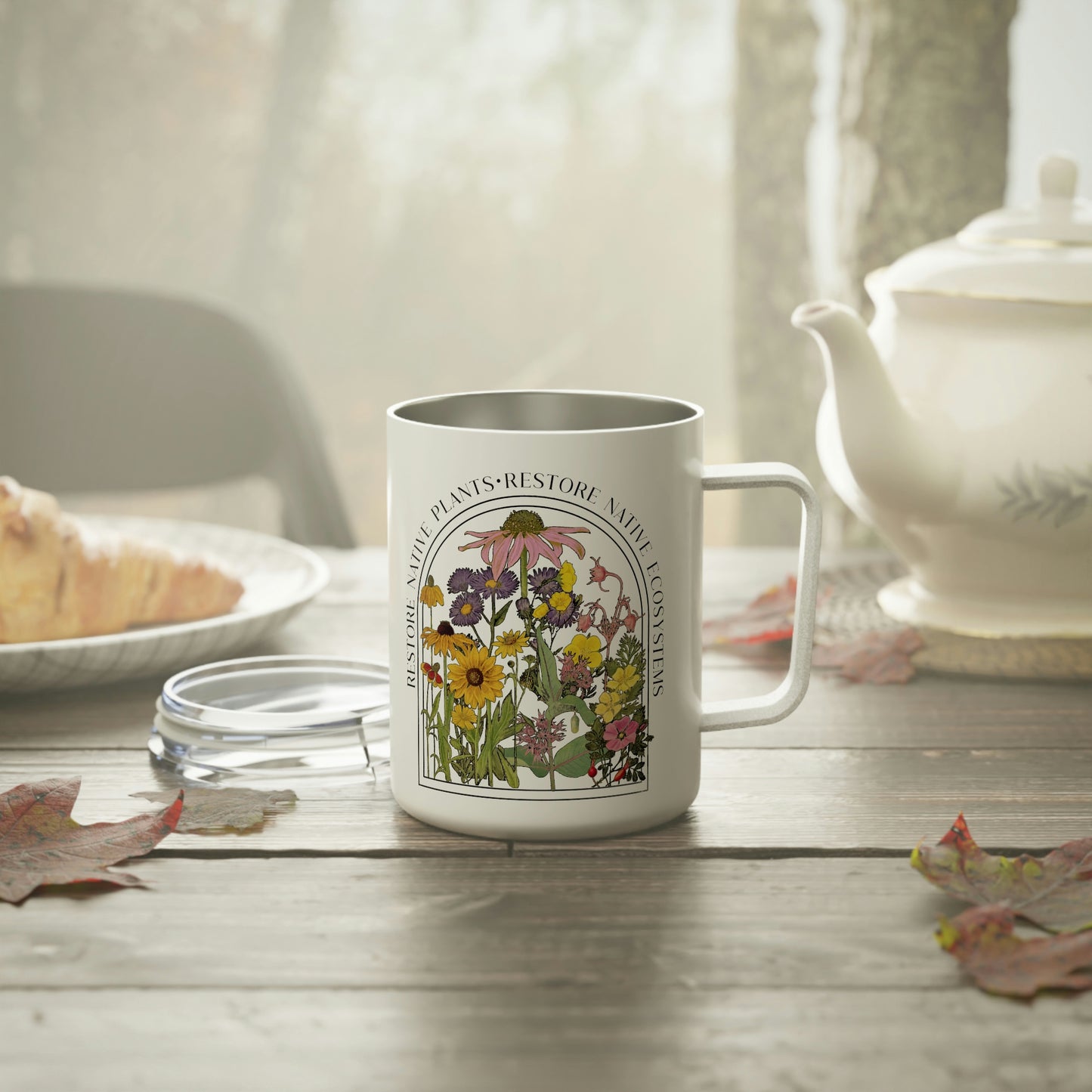Save Native Plants Insulated Coffee Mug, Conservation, Nature Lover, Naturalist, Environment, Gardener gift, Monarch chrysalis, gift for Mom
