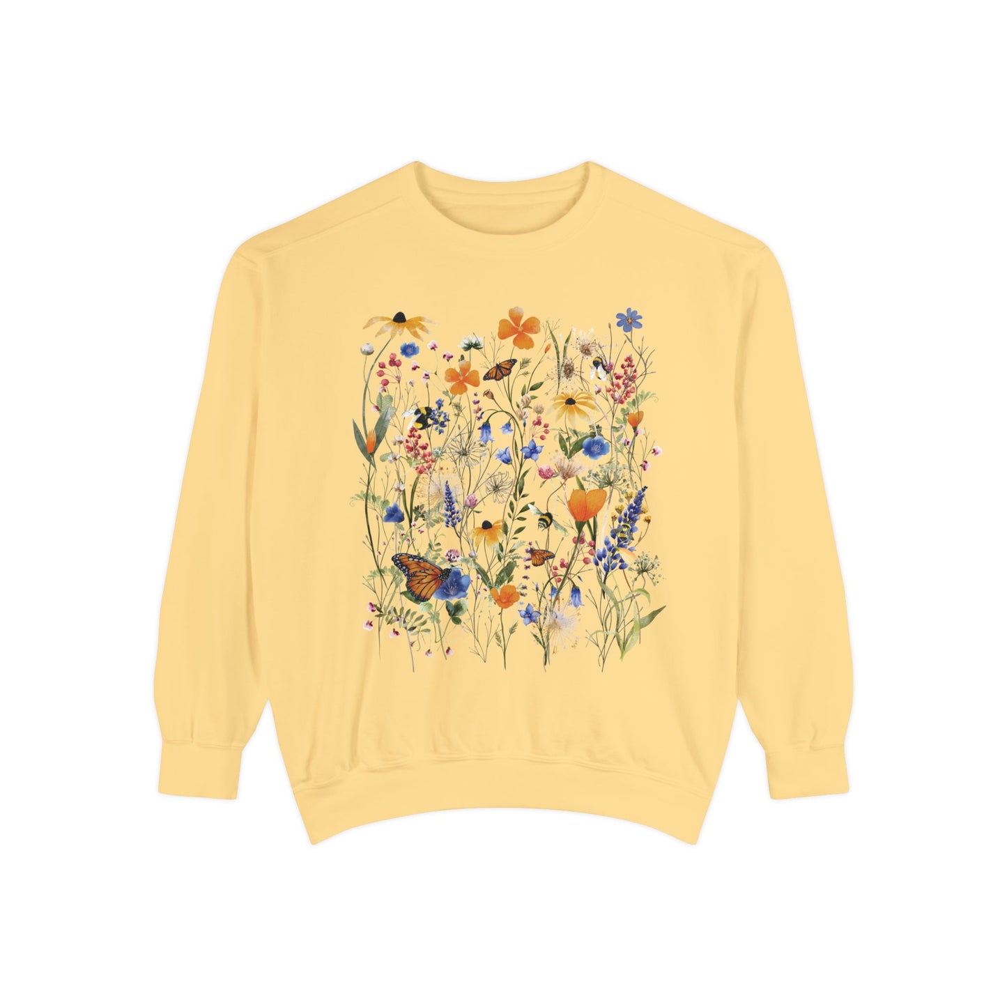 Native Wildflower Garden Comfort Color Sweatshirt, California Florals, Happy Monarch Butterfly & Bumblebee Pollinators. Choose Joy