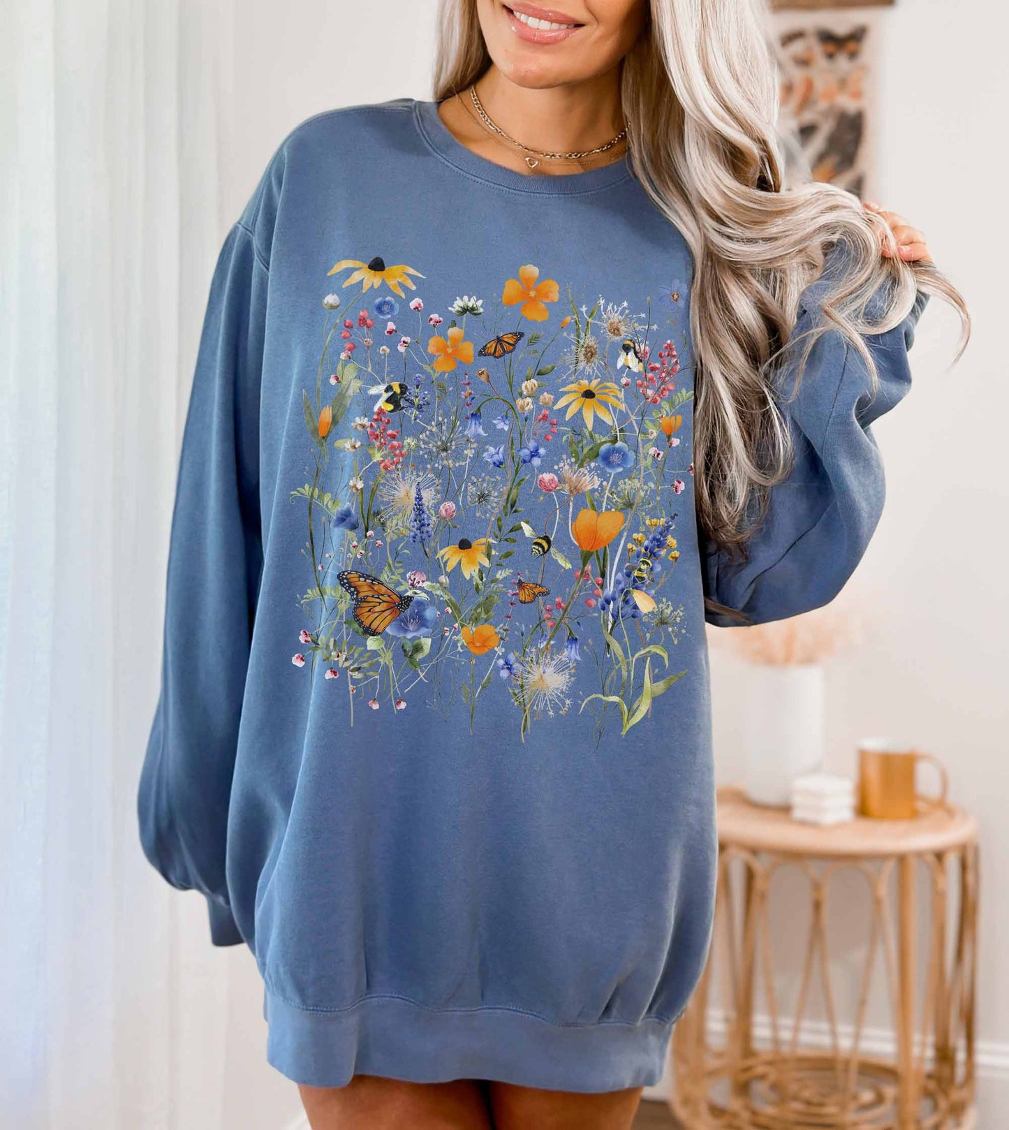 Native Wildflower Garden Comfort Color Sweatshirt, California Florals, Happy Monarch Butterfly & Bumblebee Pollinators. Choose Joy