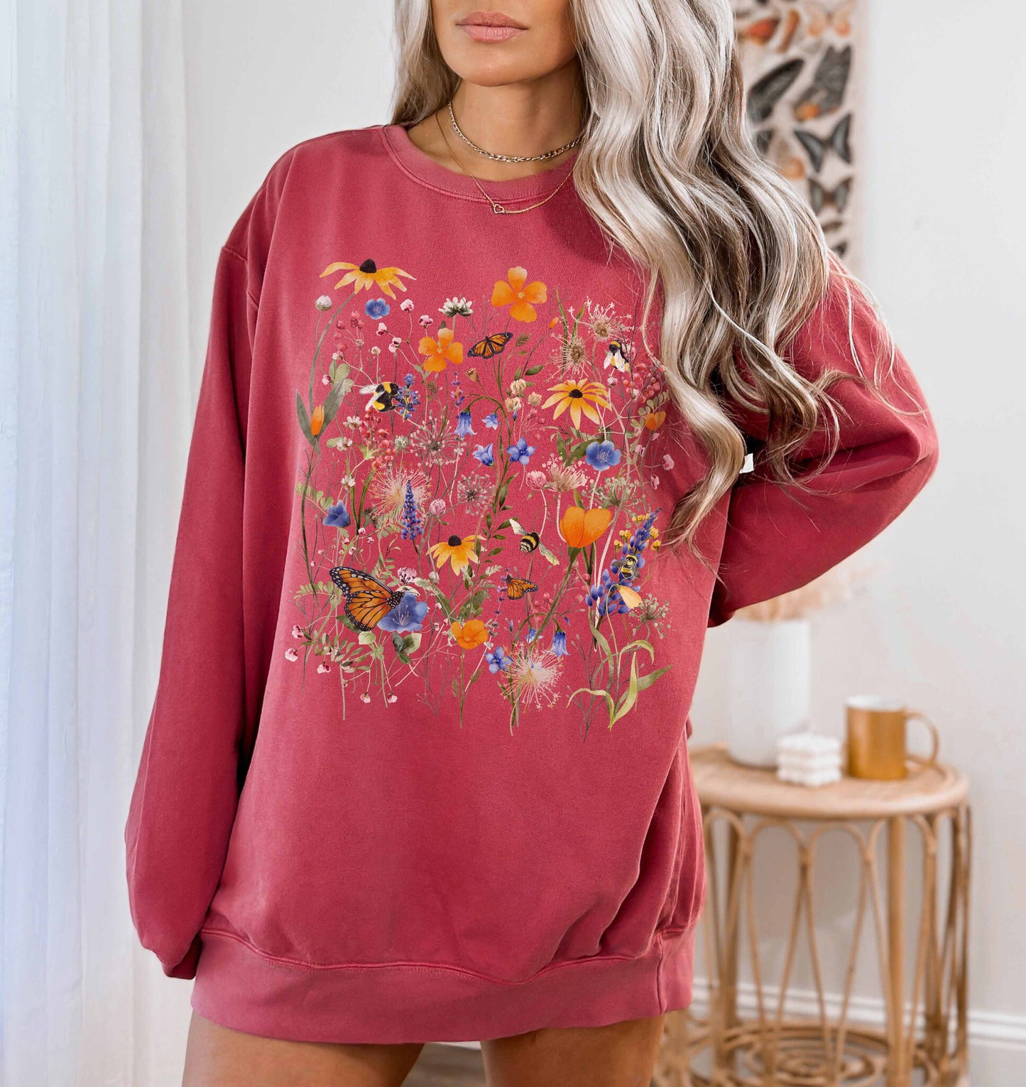 Native Wildflower Garden Comfort Color Sweatshirt, California Florals, Happy Monarch Butterfly & Bumblebee Pollinators. Choose Joy