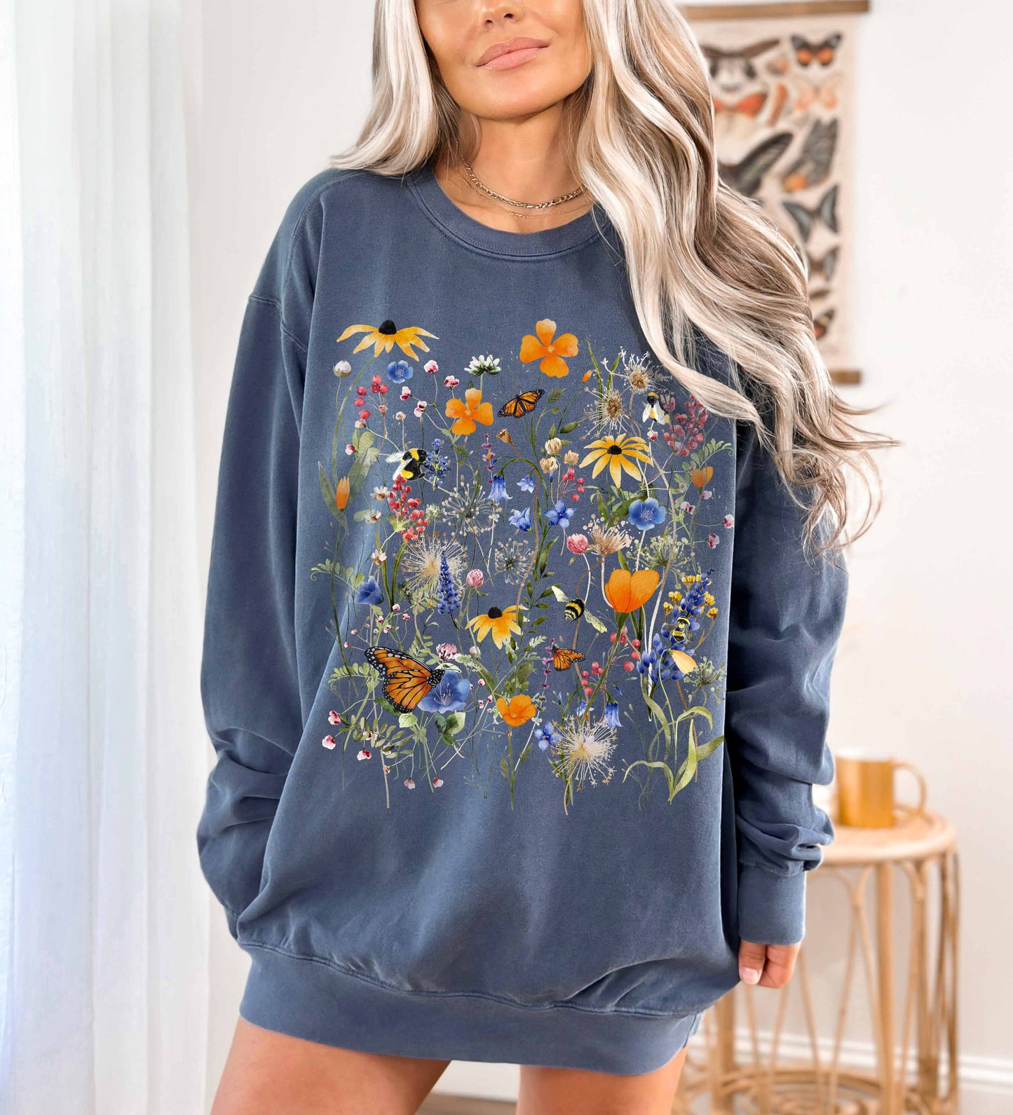 Native Wildflower Garden Comfort Color Sweatshirt, California Florals, Happy Monarch Butterfly & Bumblebee Pollinators. Choose Joy