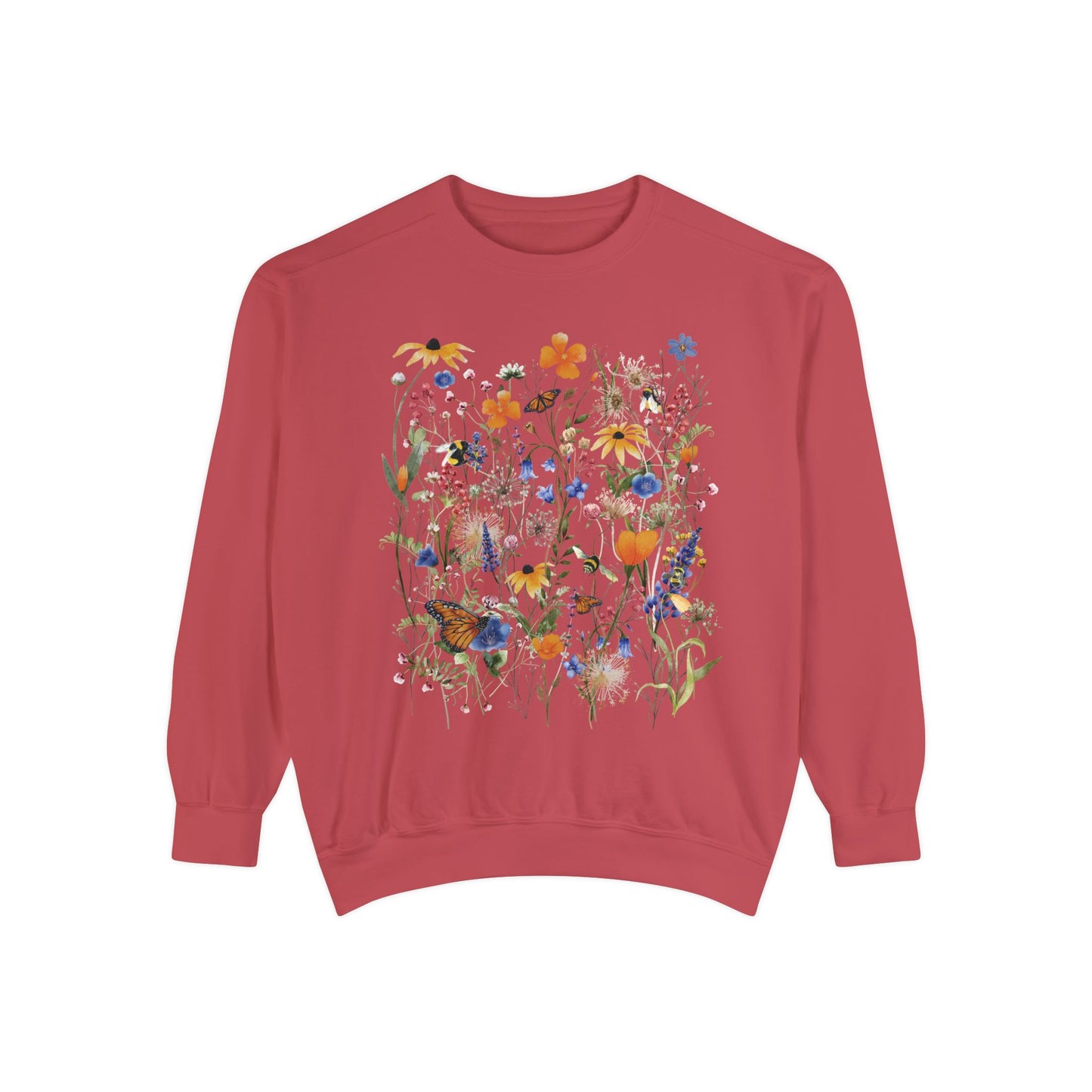 Native Wildflower Garden Comfort Color Sweatshirt, California Florals, Happy Monarch Butterfly & Bumblebee Pollinators. Choose Joy