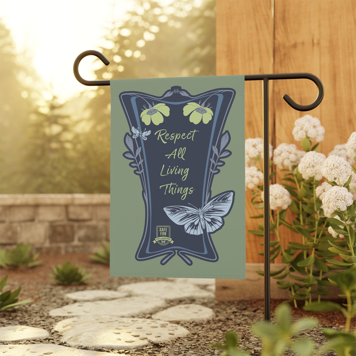 Respect All Living Things Flag House Banner, Eco Positivity Garden Message for Conservation of Bees, Butterflies, and Native Ecosystems