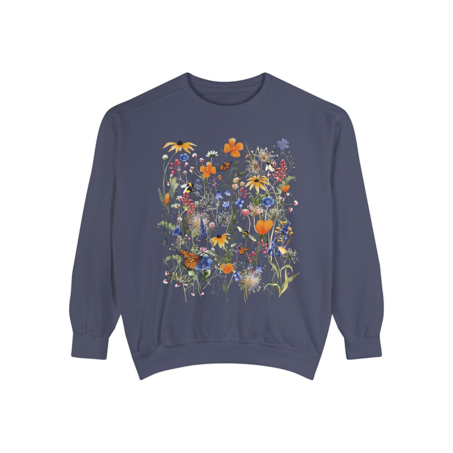 Native Wildflower Garden Comfort Color Sweatshirt, California Florals, Happy Monarch Butterfly & Bumblebee Pollinators. Choose Joy