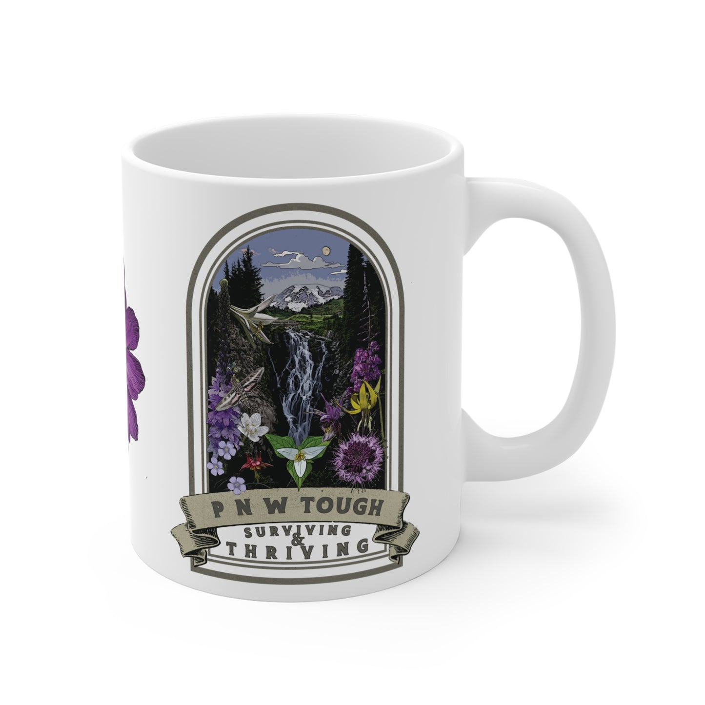 PNW Tough Native Plant Mug 11oz, Support the Environment with Native Plants. Celebrate Your Garden's Natural Strength. Thrive!