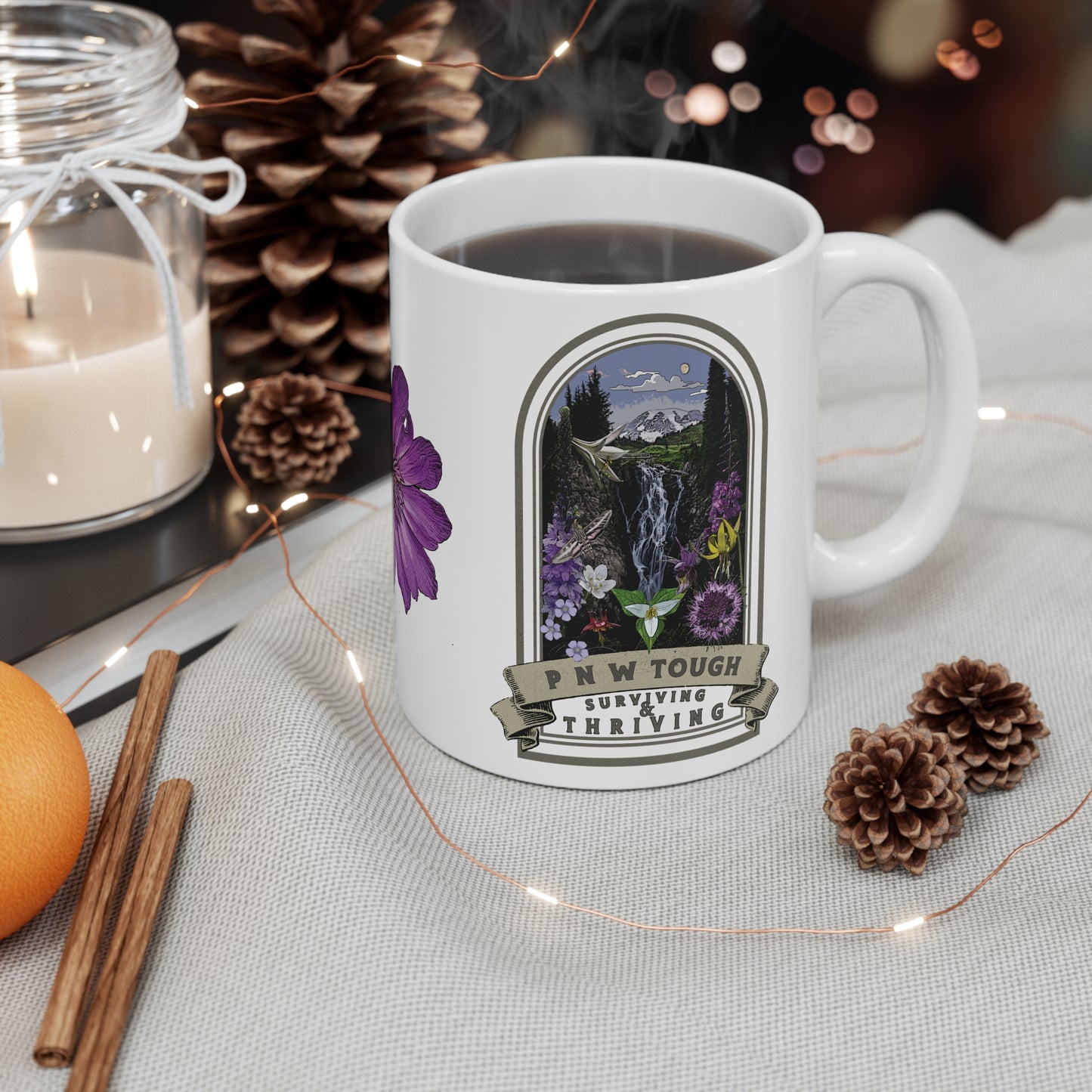 PNW Tough Native Plant Mug 11oz, Support the Environment with Native Plants. Celebrate Your Garden's Natural Strength. Thrive!