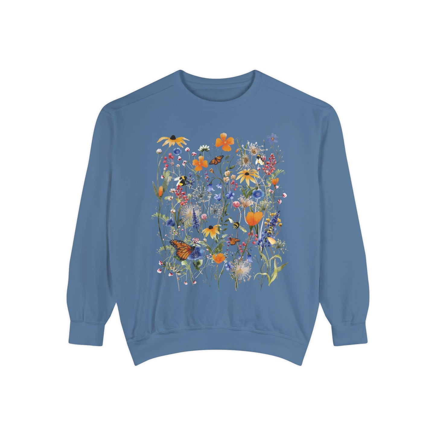 Native Wildflower Garden Comfort Color Sweatshirt, California Florals, Happy Monarch Butterfly & Bumblebee Pollinators. Choose Joy