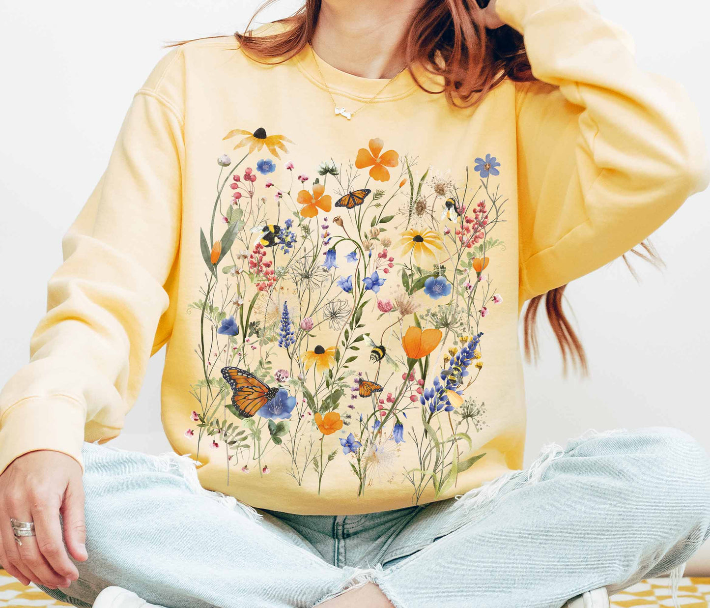 Native Wildflower Garden Comfort Color Sweatshirt, California Florals, Happy Monarch Butterfly & Bumblebee Pollinators. Choose Joy