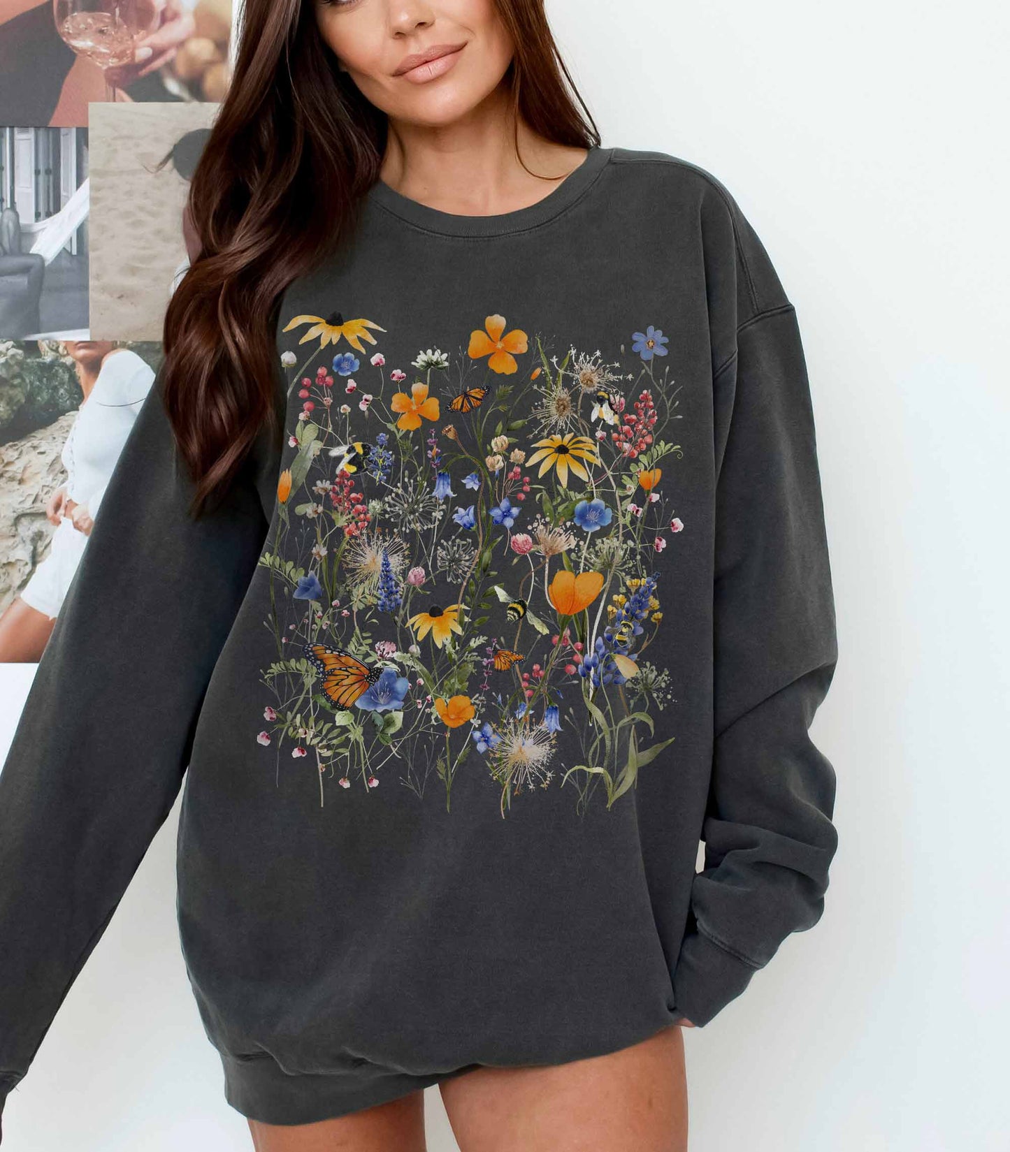 Native Wildflower Garden Comfort Color Sweatshirt, California Florals, Happy Monarch Butterfly & Bumblebee Pollinators. Choose Joy