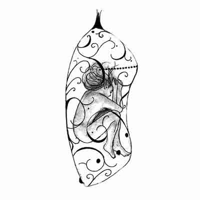 Jude Rose chrysalis logo of girl floating inside Monarch chrysalis. Ancient Child Studios