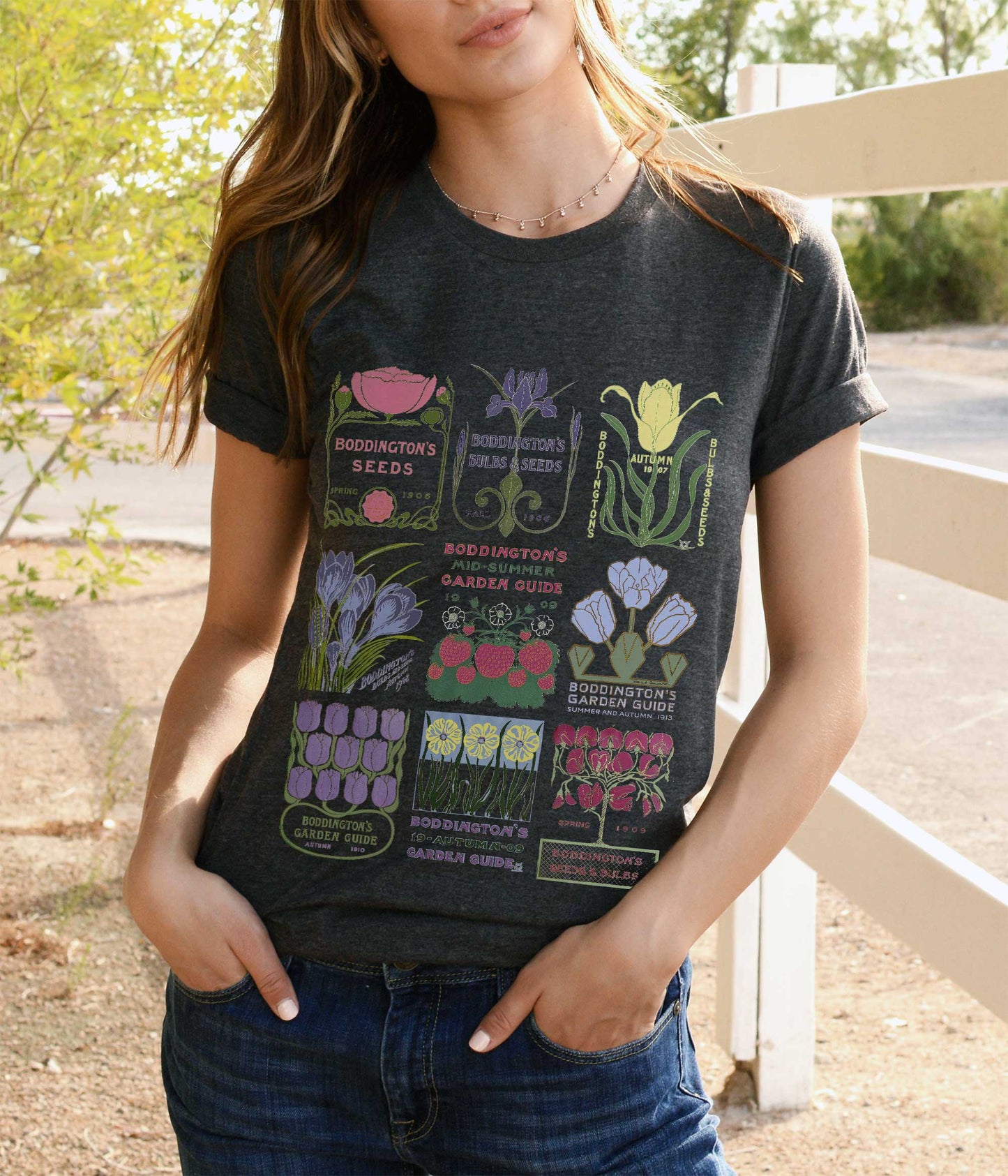 Vintage Garden Art Seed Packet tshirt, Art Nouveau, Retro, Nature lovers, Botanical Gardener's Gift with Iris, Sweet Peas, Poppies & Tulips