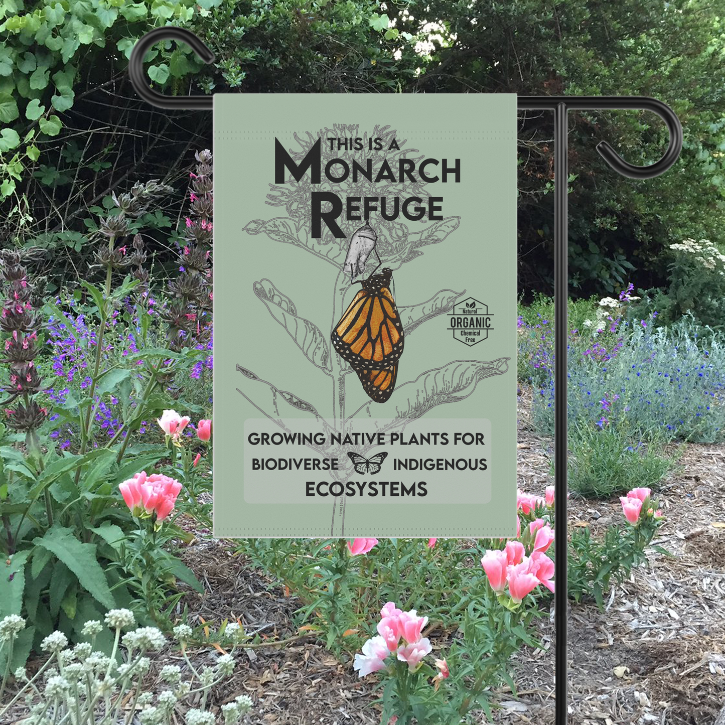 Monarch Refuge Garden & House Banner, Save the Monarchs native plant banner. Educational sign to help encourage Monarch conservation