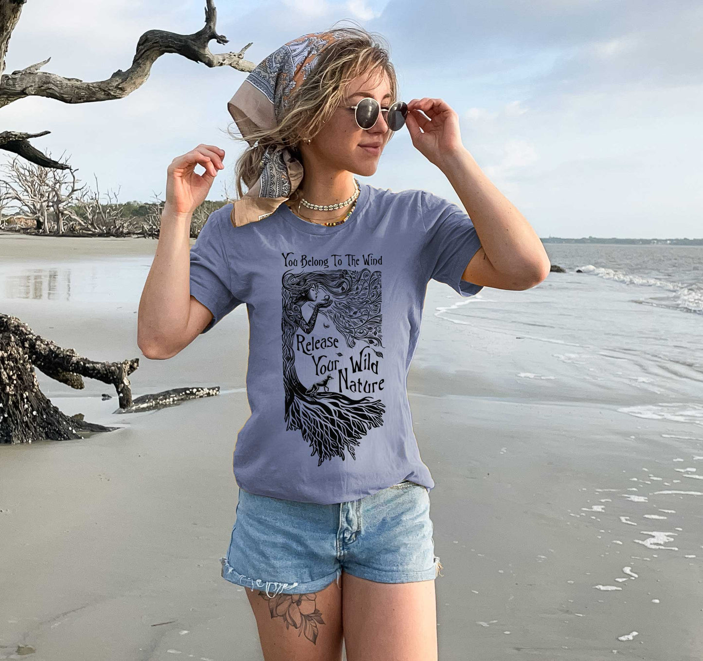 Tree Spirit & Fox Linocut Style TShirt, Folk Art Nouveau, Green Witch Unisex Tee, Gift for all Women who are a Fierce Force of Nature