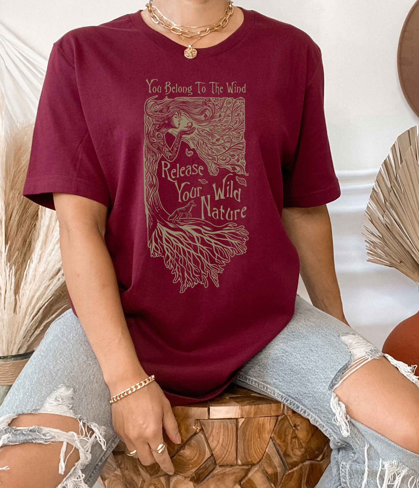 Tree Spirit & Fox Linocut Style TShirt, Folk Art Nouveau, Green Witch Unisex Tee, Gift for all Women who are a Fierce Force of Nature