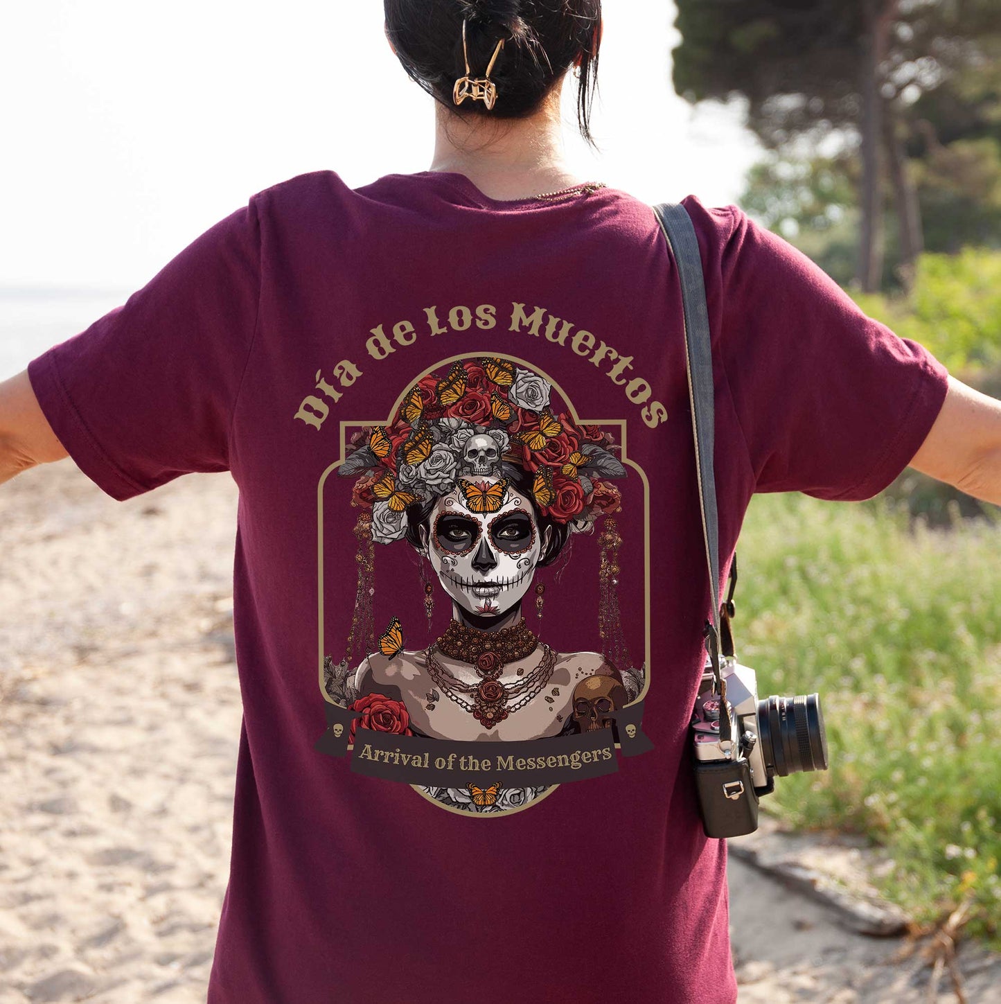 Day of the Dead Unisex Short Sleeve Tee, The Return of Mexico's Monarch Messengers. Halloween Sugar Skull, Grunge, Streetstyle t-shirt