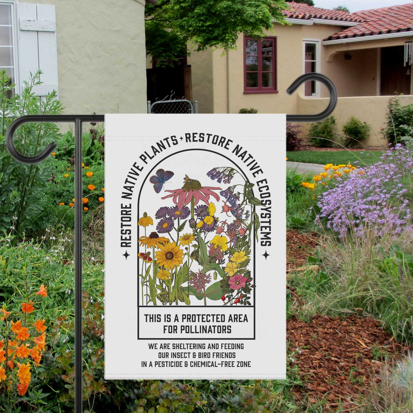 Restore Native Plants Garden & House Banner, gardener gift, conservation, healthy yard message to protect our pollinators!