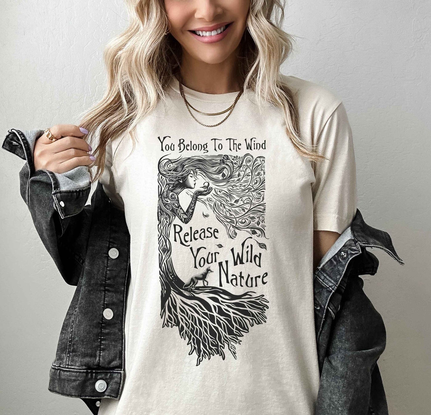 Tree Spirit & Fox Linocut Style TShirt, Folk Art Nouveau, Green Witch Unisex Tee, Gift for all Women who are a Fierce Force of Nature