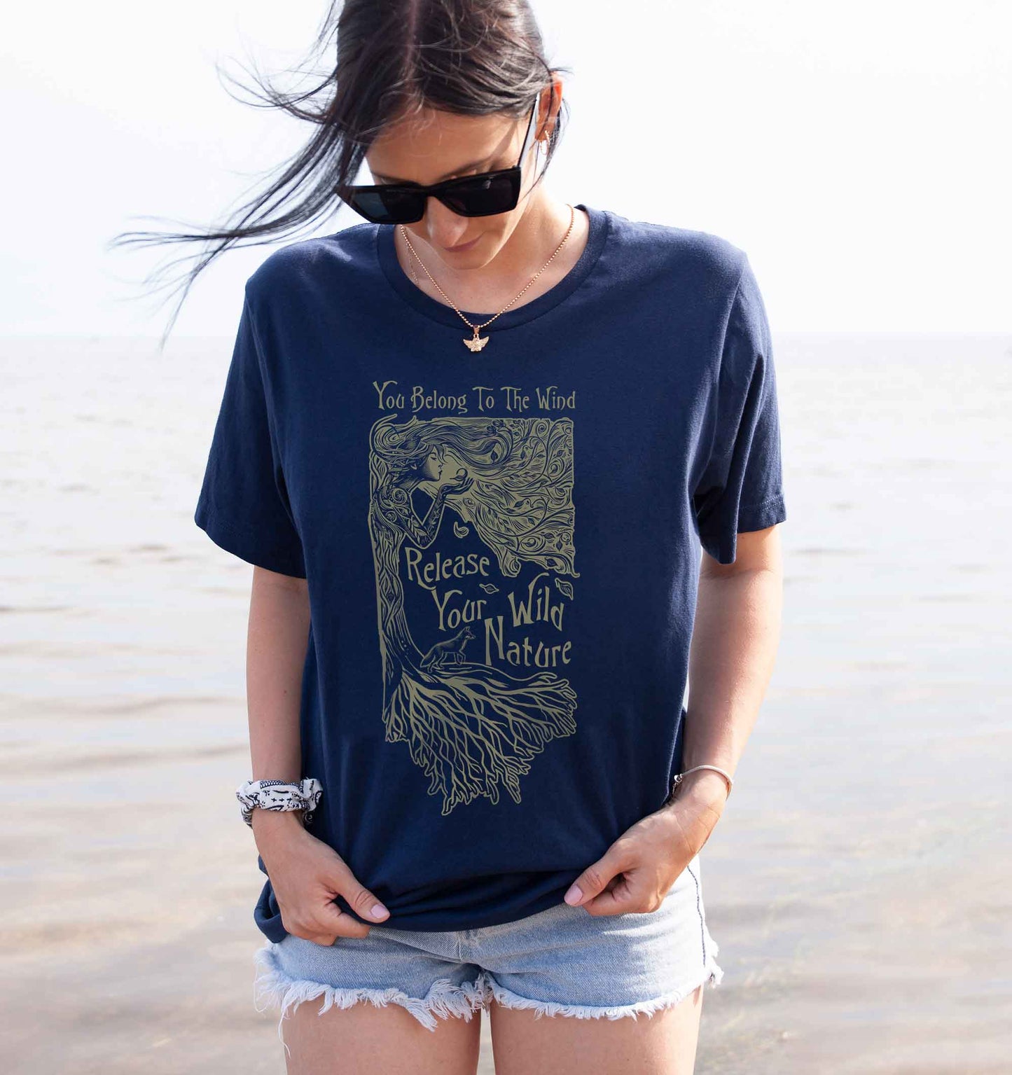 Tree Spirit & Fox Linocut Style TShirt, Folk Art Nouveau, Green Witch Unisex Tee, Gift for all Women who are a Fierce Force of Nature
