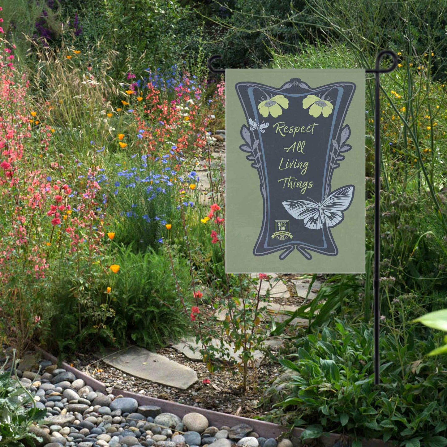 Respect All Living Things Flag House Banner, Eco Positivity Garden Message for Conservation of Bees, Butterflies, and Native Ecosystems