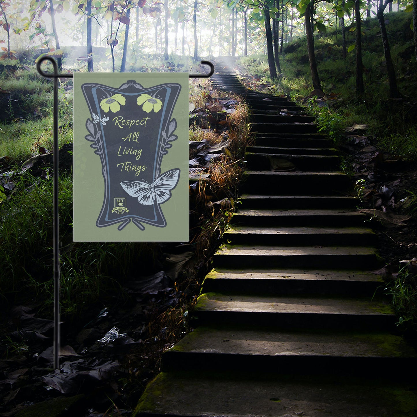 Respect All Living Things Flag House Banner, Eco Positivity Garden Message for Conservation of Bees, Butterflies, and Native Ecosystems