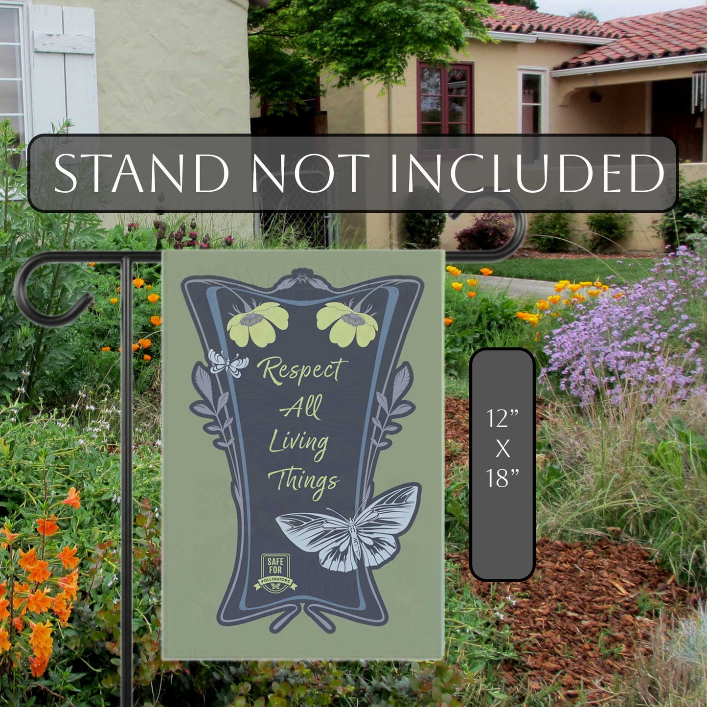 Respect All Living Things Flag House Banner, Eco Positivity Garden Message for Conservation of Bees, Butterflies, and Native Ecosystems