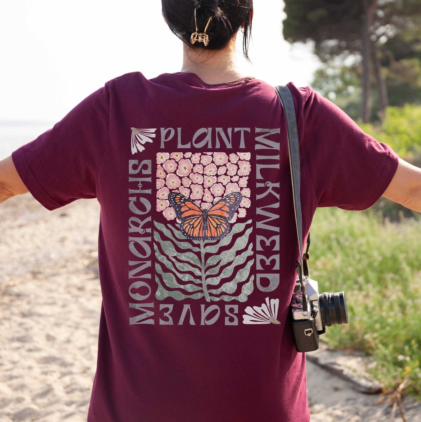 Save the Monarchs Plant Milkweed Conservation shirt. Spread the message about protecting our pollinators with amazing wearable art. 2 sides!