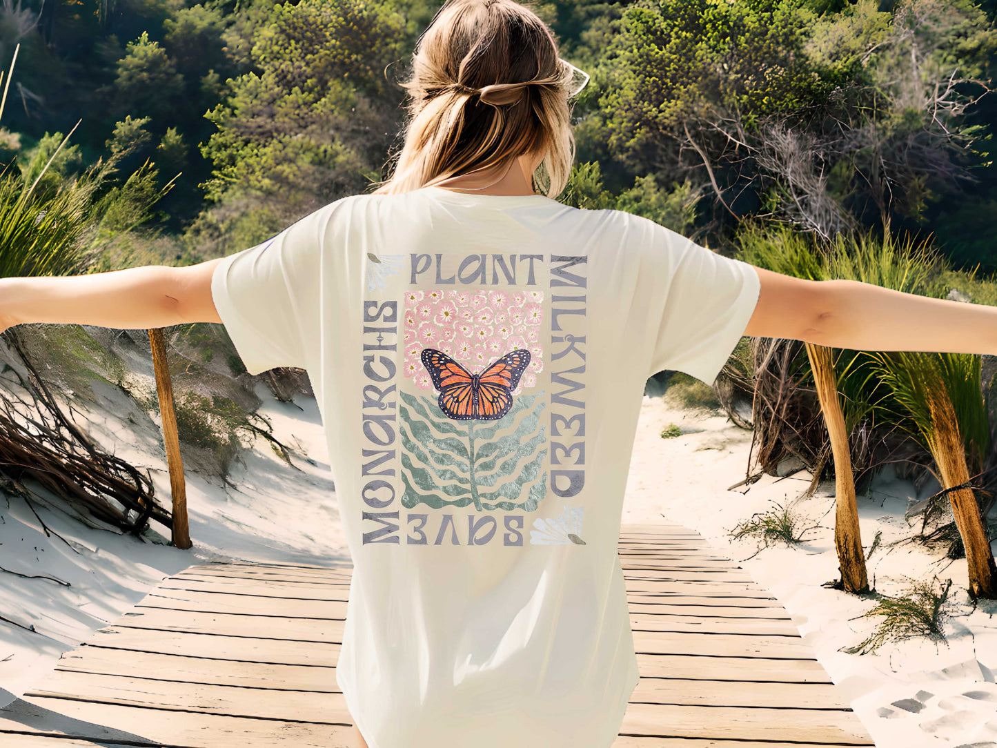 Save the Monarchs Plant Milkweed Conservation shirt. Spread the message about protecting our pollinators with amazing wearable art. 2 sides!