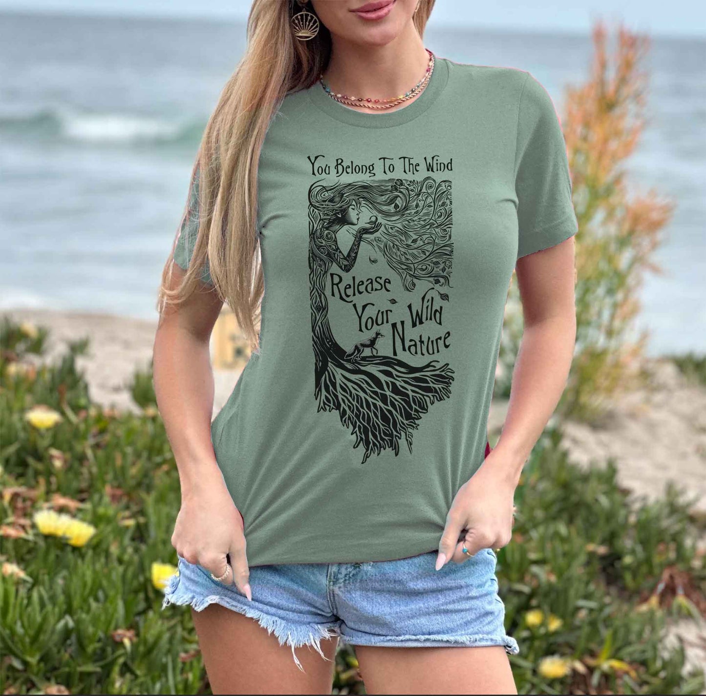 Tree Spirit & Fox Linocut Style TShirt, Folk Art Nouveau, Green Witch Unisex Tee, Gift for all Women who are a Fierce Force of Nature