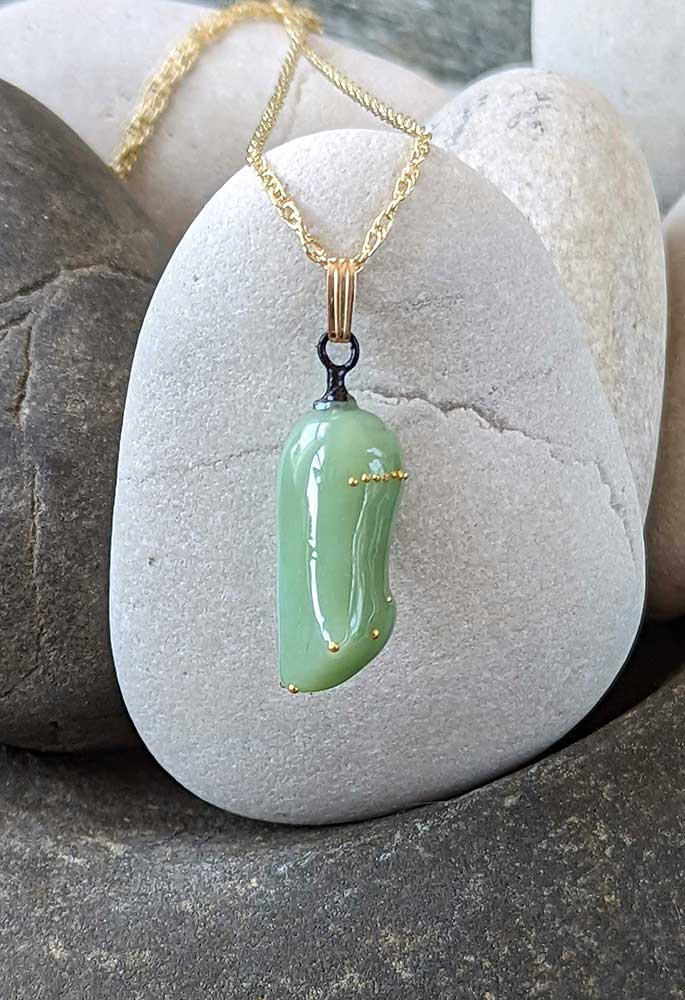 Jade-colored Monarch chrysalis replica, art glass and 24k gold - Ancient Child Studios