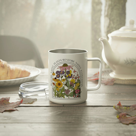 Save Native Plants Insulated Coffee Mug, Conservation, Nature Lover, Naturalist, Environment, Gardener gift, Monarch chrysalis, gift for Mom