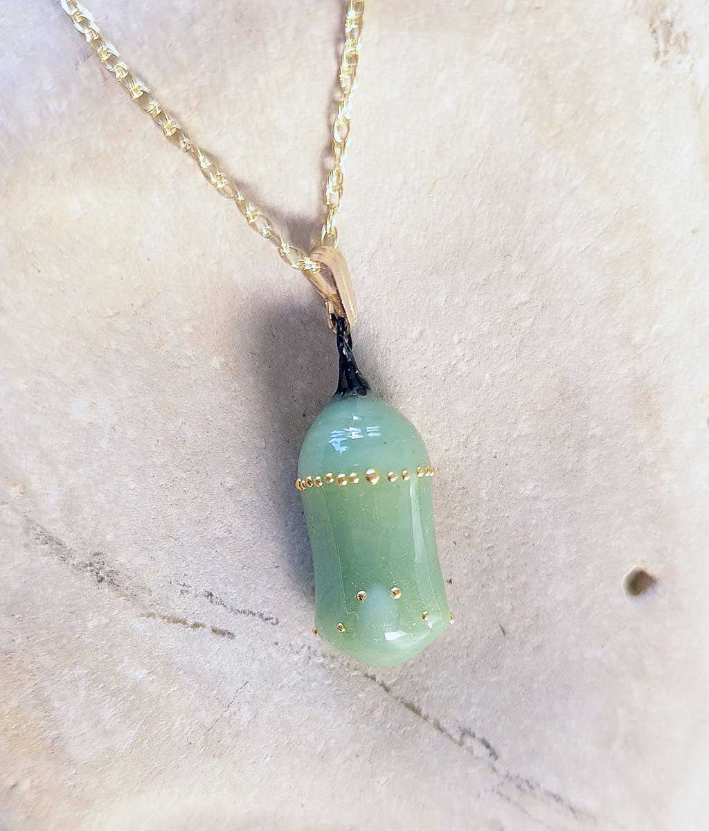 Jade-colored Monarch chrysalis replica, art glass and 24k gold - Ancient Child Studios